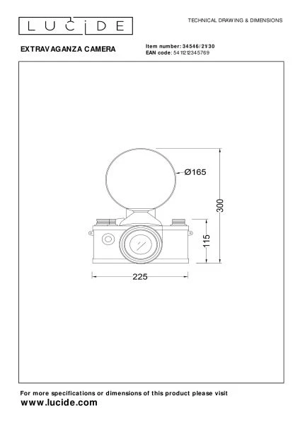 Lucide EXTRAVAGANZA CAMERA - Tafellamp - 1xE14 - Zwart - technisch